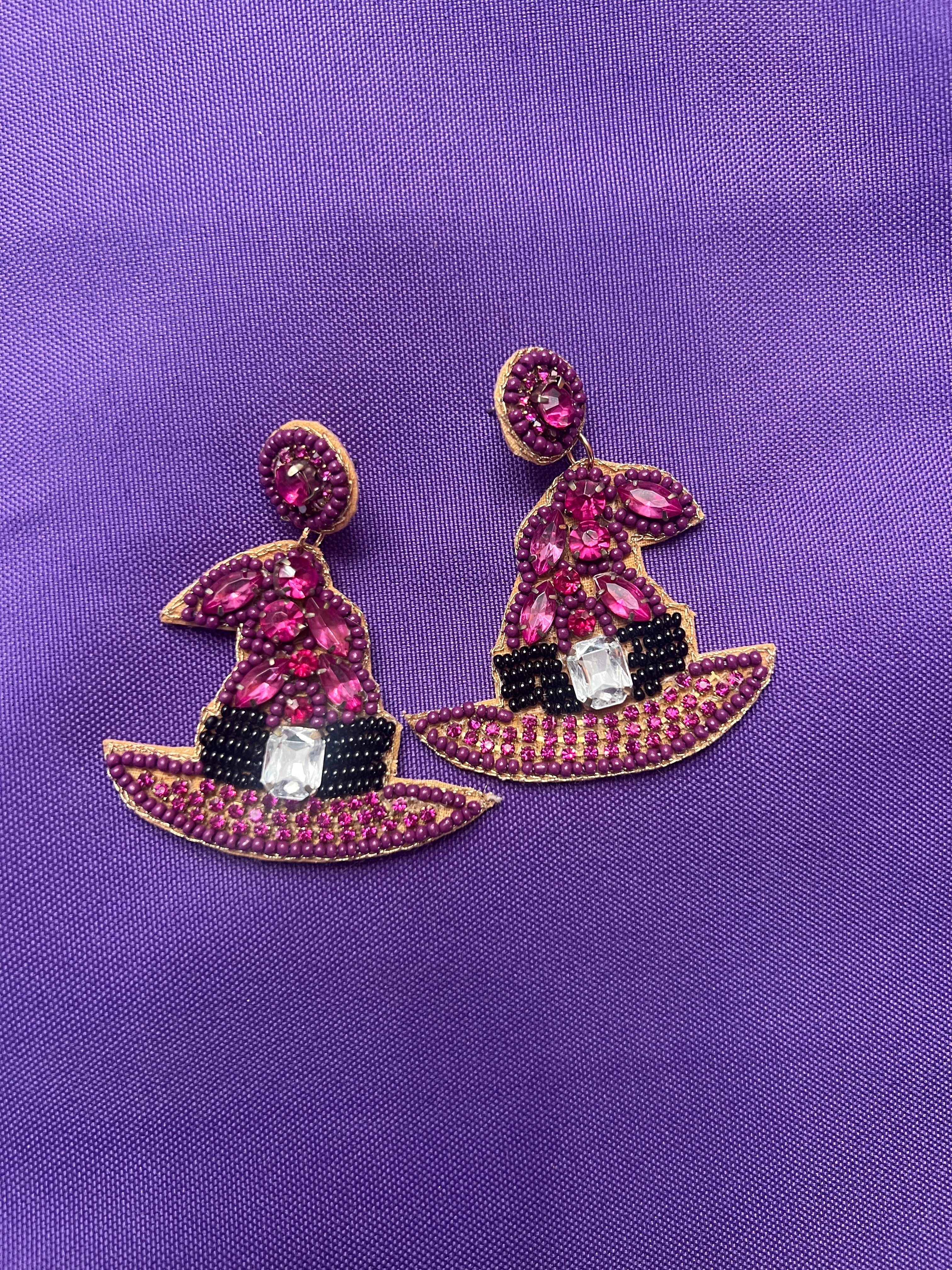 Purple Rhinestone Witch Hat Earrings
