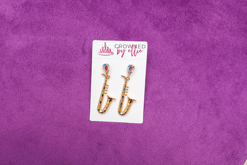 Rhinestone Saxophone Earrings - Crowned By Ellie