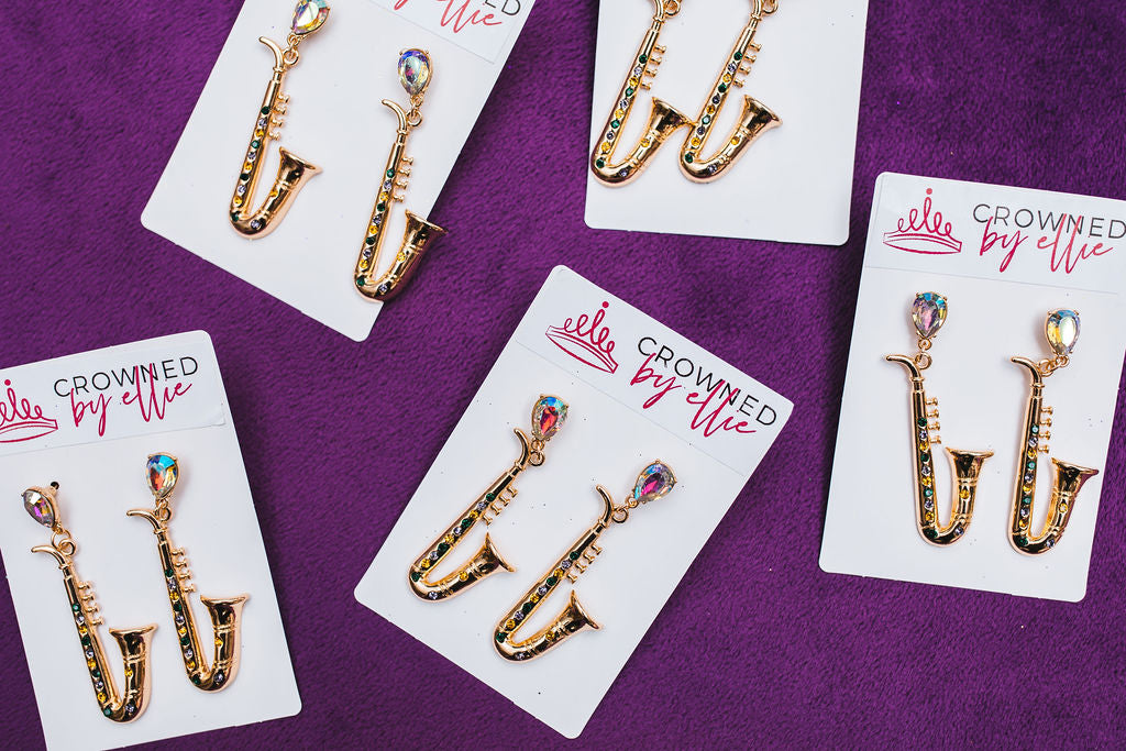 Rhinestone Saxophone Earrings - Crowned By Ellie