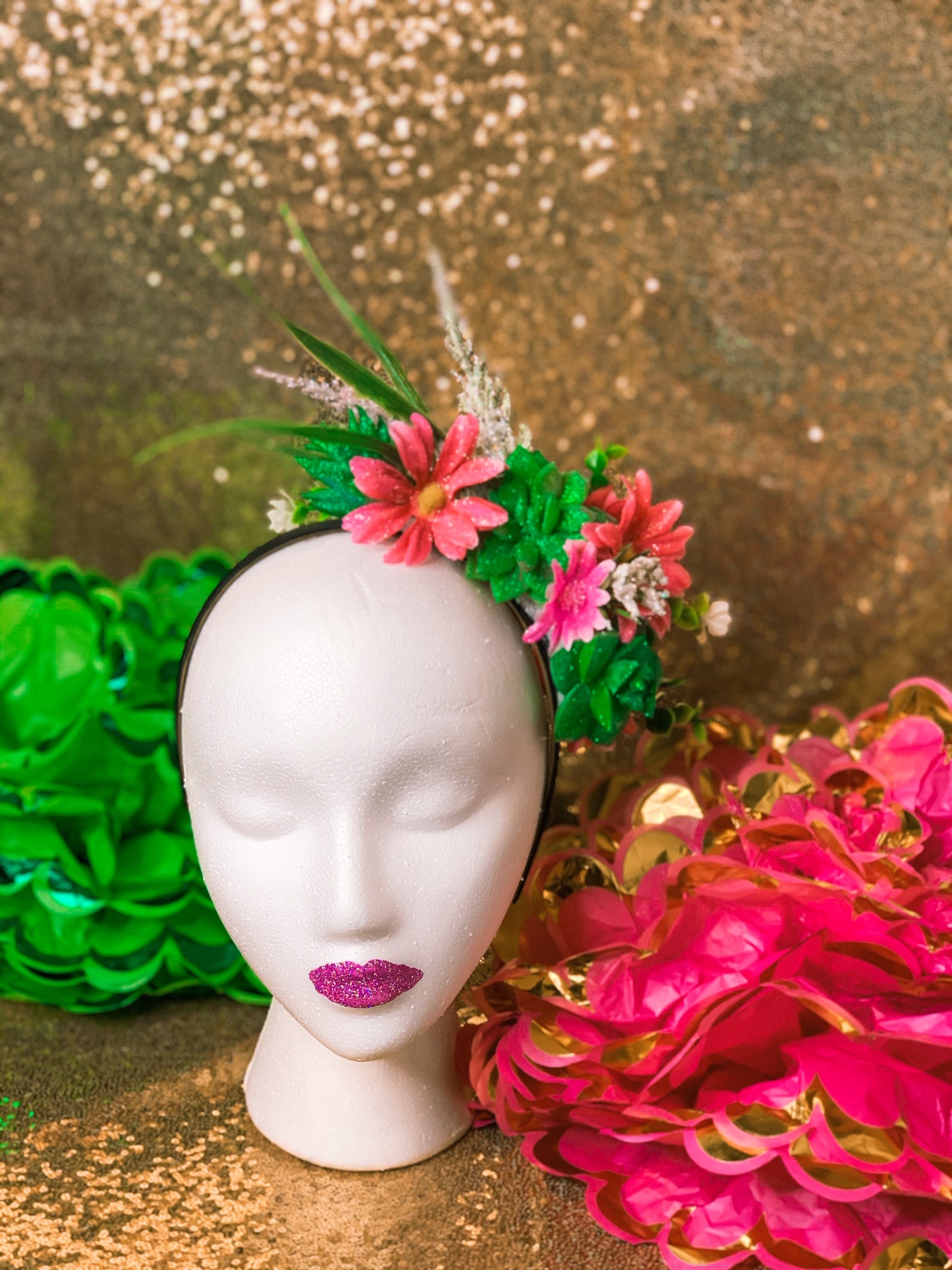 Crowned by Ellie sparkly succulent and bright pink floral crown